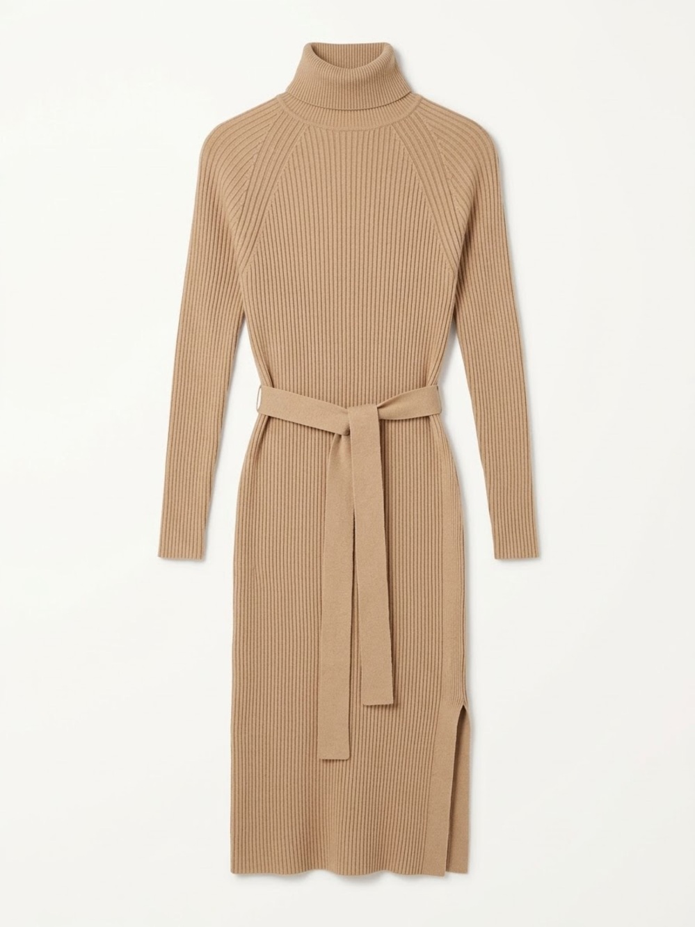 Mango Ribbed Turtleneck Belted Midi Dress - Camel